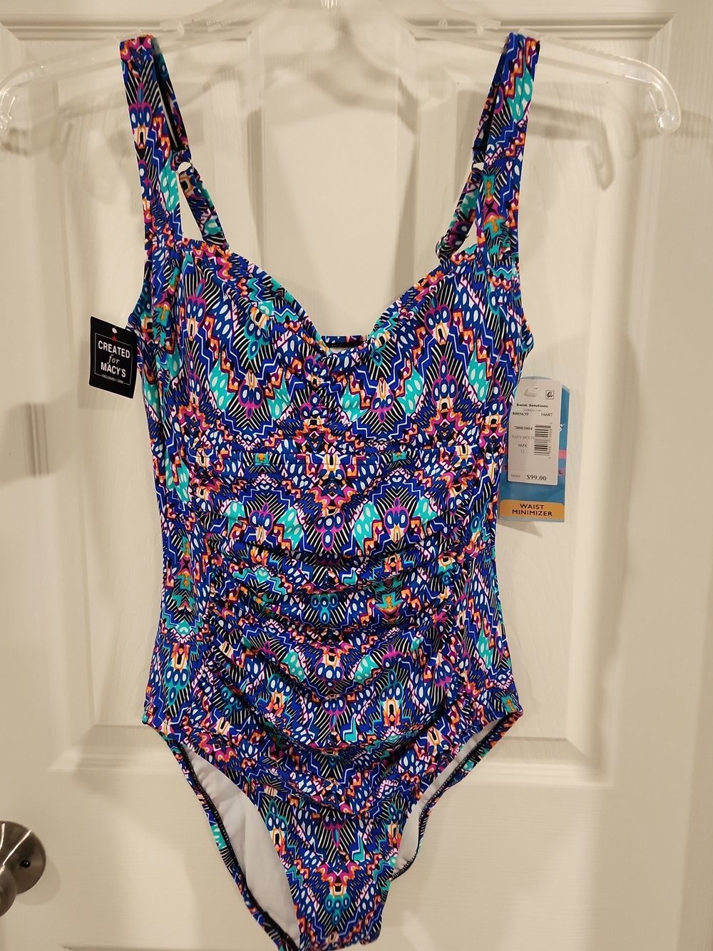 NWT Swim Solutions One Piece Swimsuit 12 Tummy Control Navy Multi Shirred $99 - Picture 1 of 8
